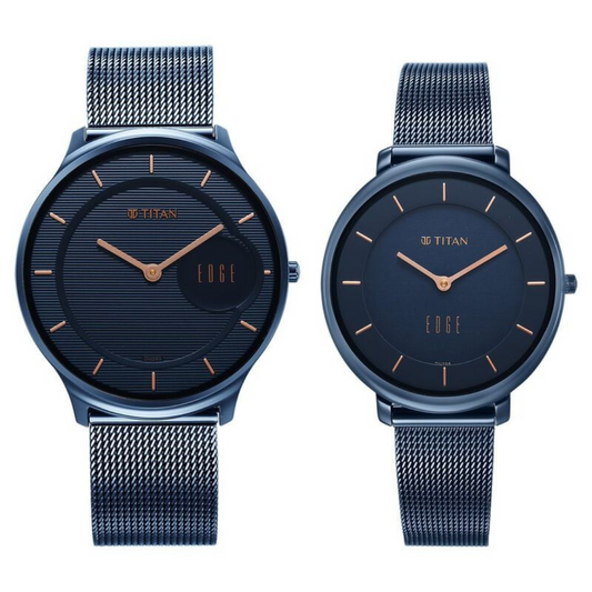 Titan Edge Pair Blue Dial Analog Stainless Steel Strap watch for Couple 18432655QM01