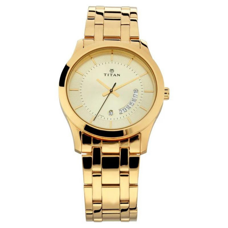 Titan Quartz Analog with Date Champagne Dial Stainless Steel Strap Watch for Men 1823YM01 - KRISHNA WATCH COMPANY
