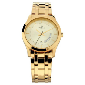 Titan Quartz Analog with Date Champagne Dial Stainless Steel Strap Watch for Men 1823YM01 - KRISHNA WATCH COMPANY