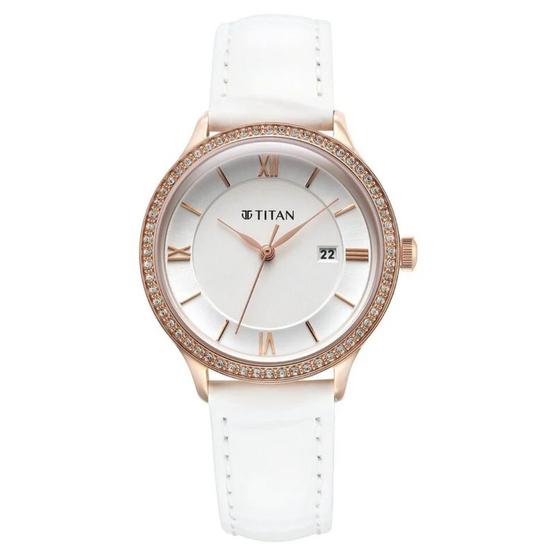 Titan Bright Leathers Silver Dial Analog with Date Leather Strap watch for Women 95247WL05 - KRISHNA WATCH COMPANY