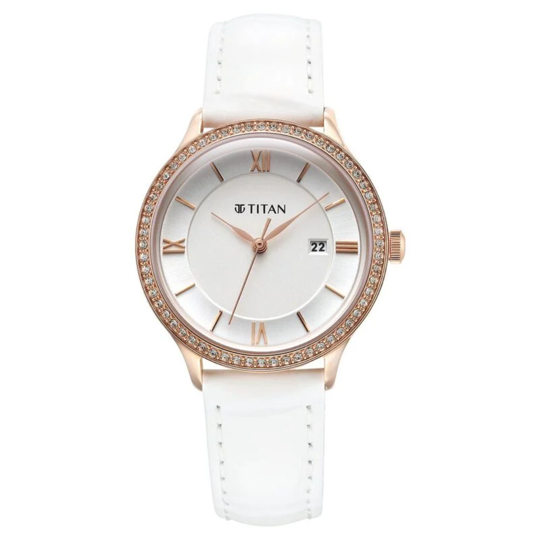 Titan Bright Leathers Silver Dial Analog with Date Leather Strap watch for Women 95247WL05