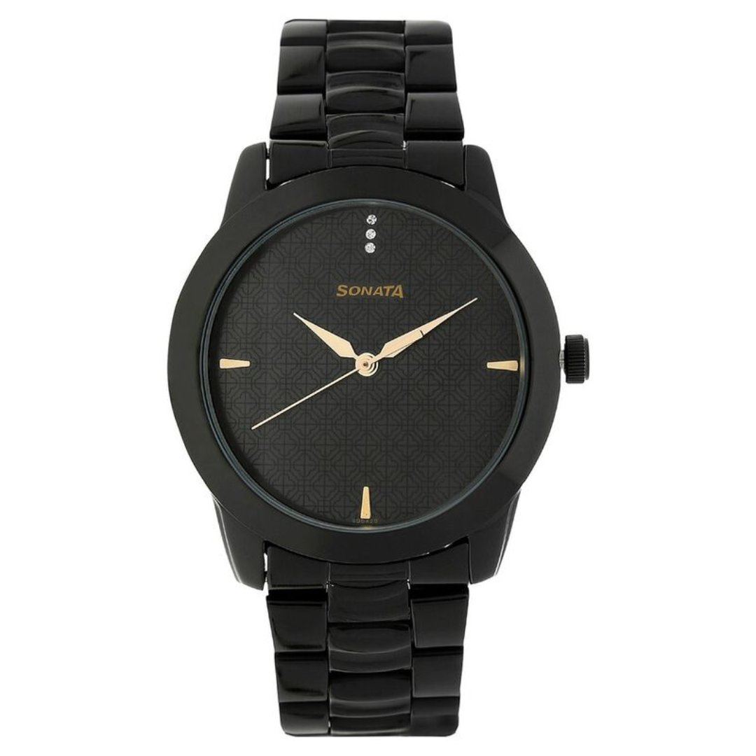 Sonata Black Dial Black Metal Strap Watch NR7924NM01