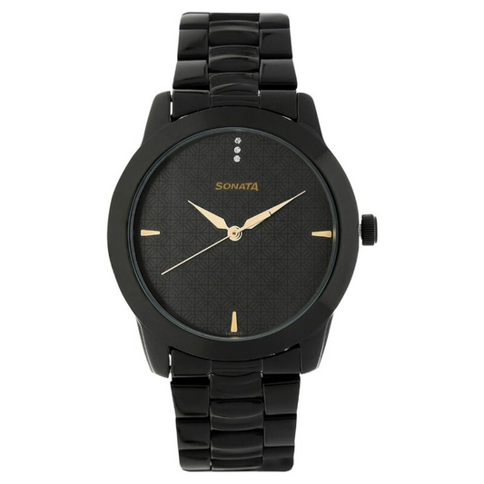 Sonata Black Dial Black Metal Strap Watch NR7924NM01