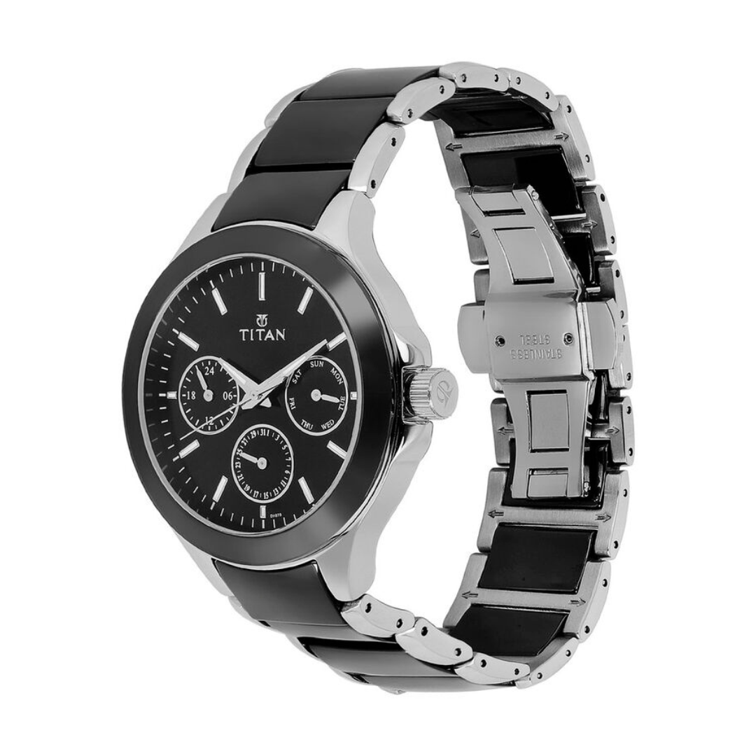 Black Dial Multifunction Watch with Steel Ceramic Strap