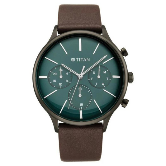 Titan Quartz Multifunction Green Dial Leather Strap Watch for Men 90134QL01