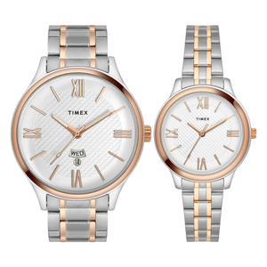 Timex Empera Pairs Silver Dial Round Case Day-Date + 3 Hands Function Watch TIMEX PAIR L+G TW00PR285 - KRISHNA WATCH COMPANY