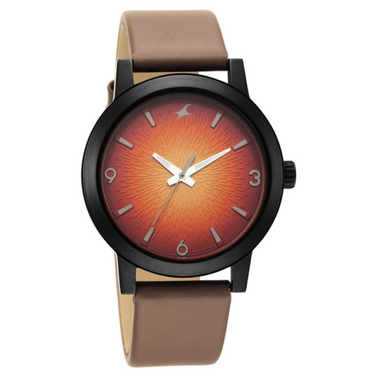 Fastrack Stunners Quartz Analog Orange Dial Leather Strap Watch for Guys 3245NL02