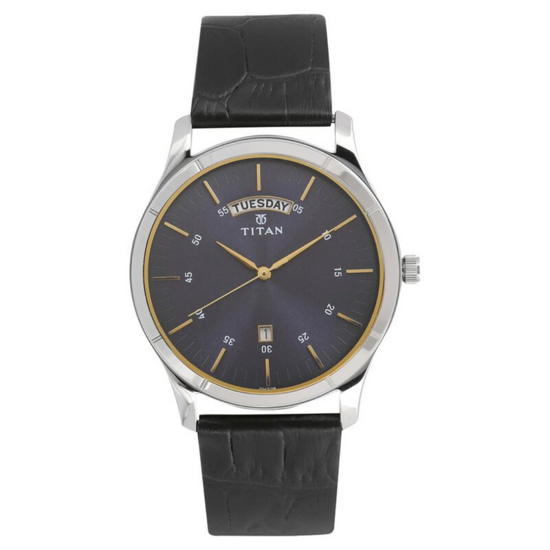 Titan Workwear Blue Dial Analog with Day and Date Leather Strap watch for Men 1768SL03
