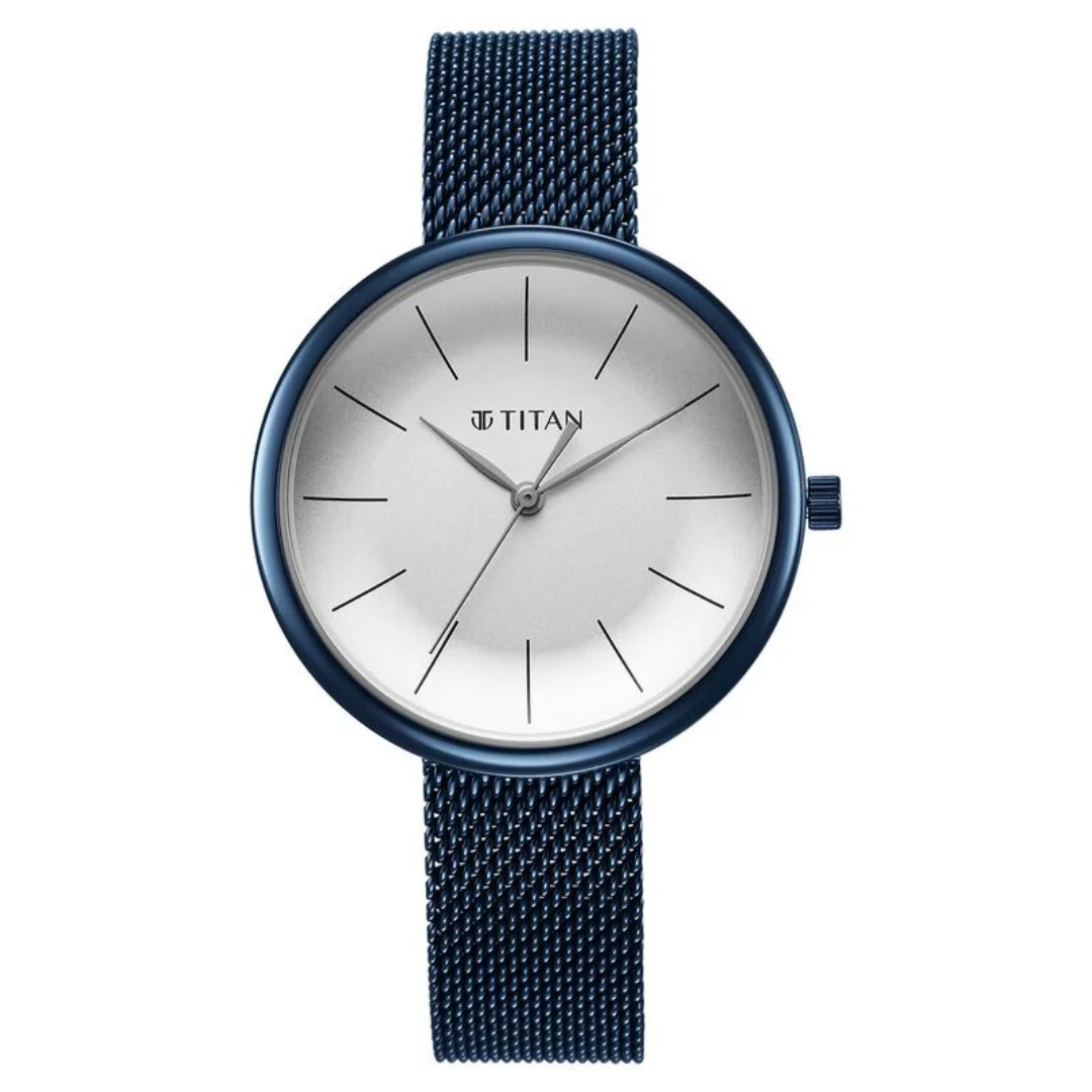 Titan Slimline Quartz Analog White Dial Blue Stainless Steel Strap Watch for Women 95182QM01