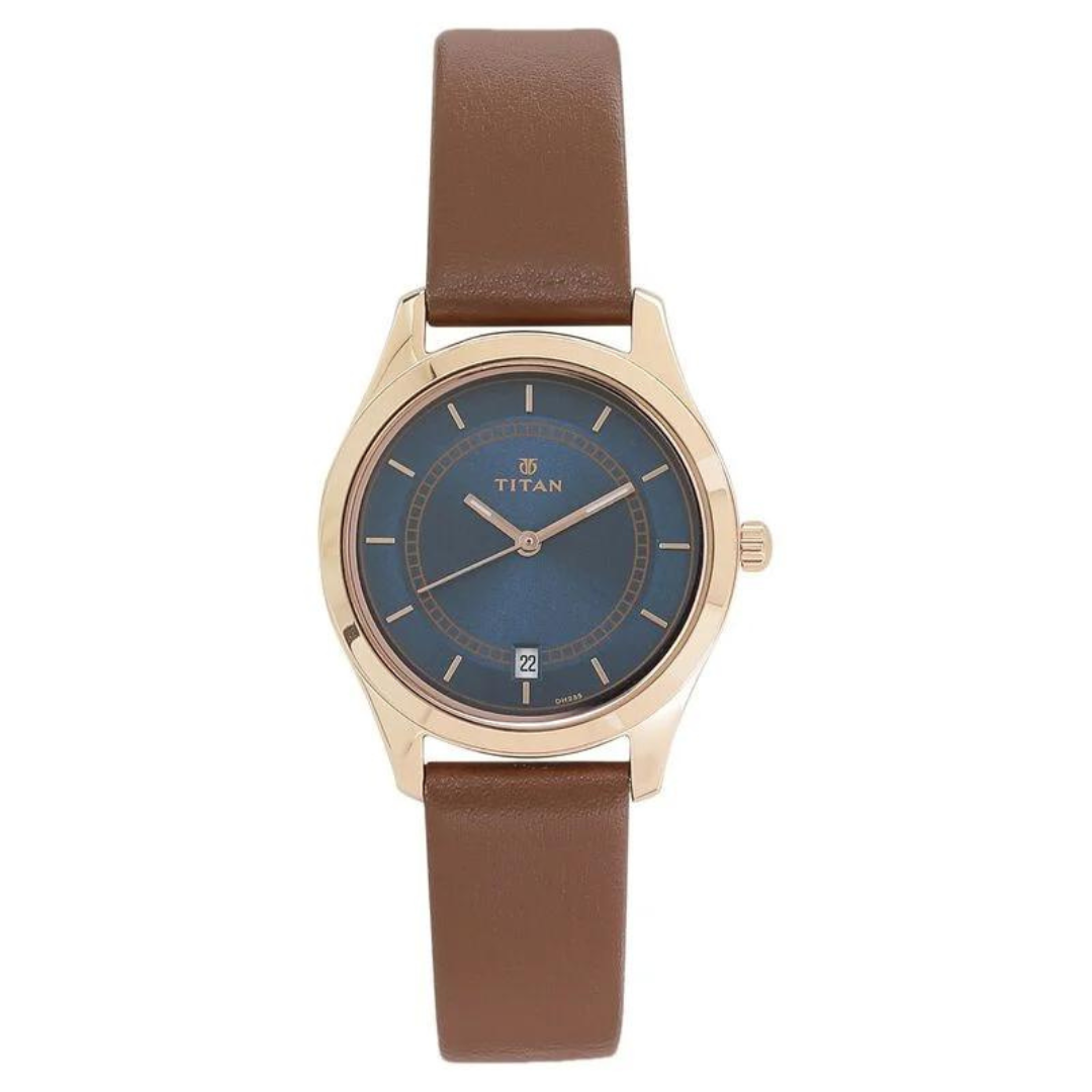 Titan Workwear Blue Dial Analog with Date Leather Strap watch for Women 2596WL03