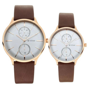 Titan Bandhan White Dial Quartz Multifunction Leather Strap watch for Couple 9400394203WL01 - KRISHNA WATCH COMPANY