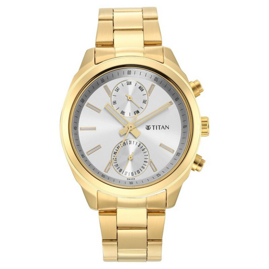 Titan Black and Gold Silver Dial Quartz Multifunction Stainless Steel Strap watch for Men 1733YM01
