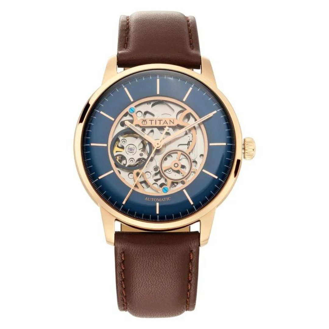 Titan Automatic Watch with Blue Dial & Brown Strap 90110WL02