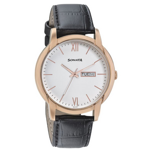 Beyond Gold White Dial Leather Strap Watch NN77031WL04 - KRISHNA WATCH COMPANY