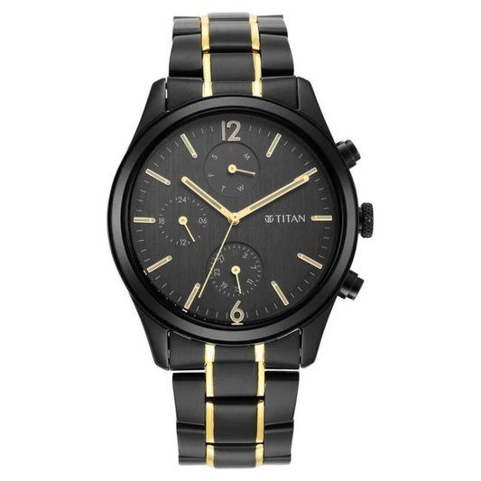 Titan Black and Gold Anthracite Dial Analog Stainless Steel Strap watch for Men 1805KM03