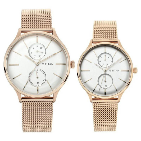 Titan Quartz Multifunction White Dial Stainless Steel Strap Watch for Couple 9400394203WM01