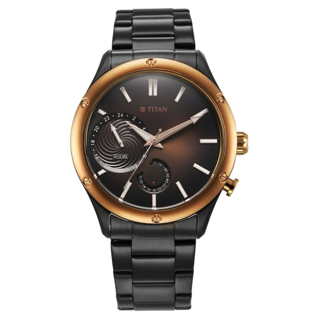 Titan Stellar Quartz Multifunction Brown Dial Stainless Steel Strap Watch for Men 10009KM02