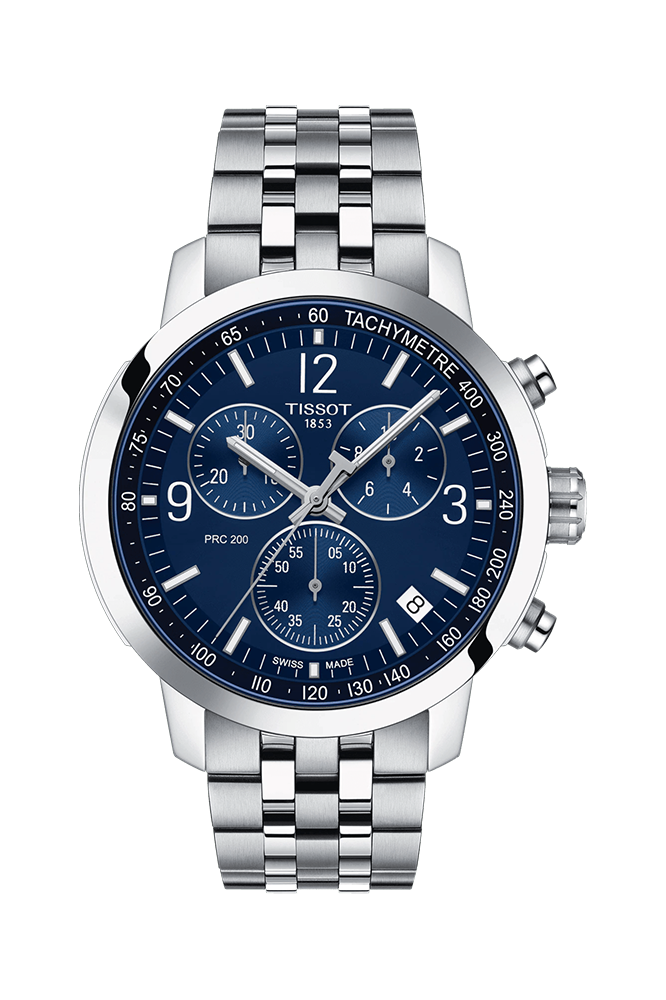 A TISSOT PRC 200 chronograph watch for men with a blue dial, a silver stainless steel bracelet, and a tachymeter function.
