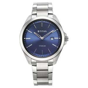 Titan Titanium Quartz Analog Blue Dial Stainless Steel Strap Watch for Men 90177TM01 - KRISHNA WATCH COMPANY