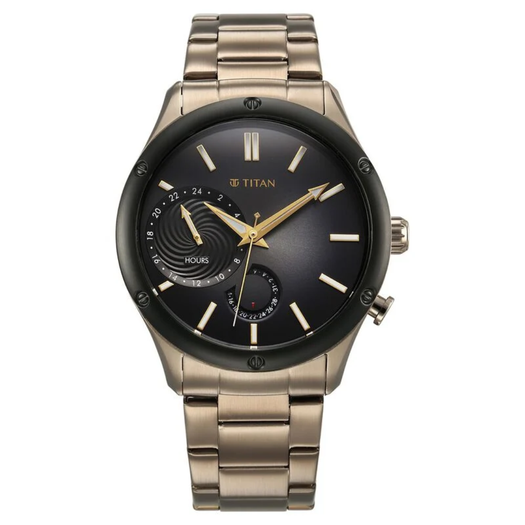 Titan Stellar Quartz Multifunction Brown Dial Stainless Steel Strap Watch for Men 10009KM03