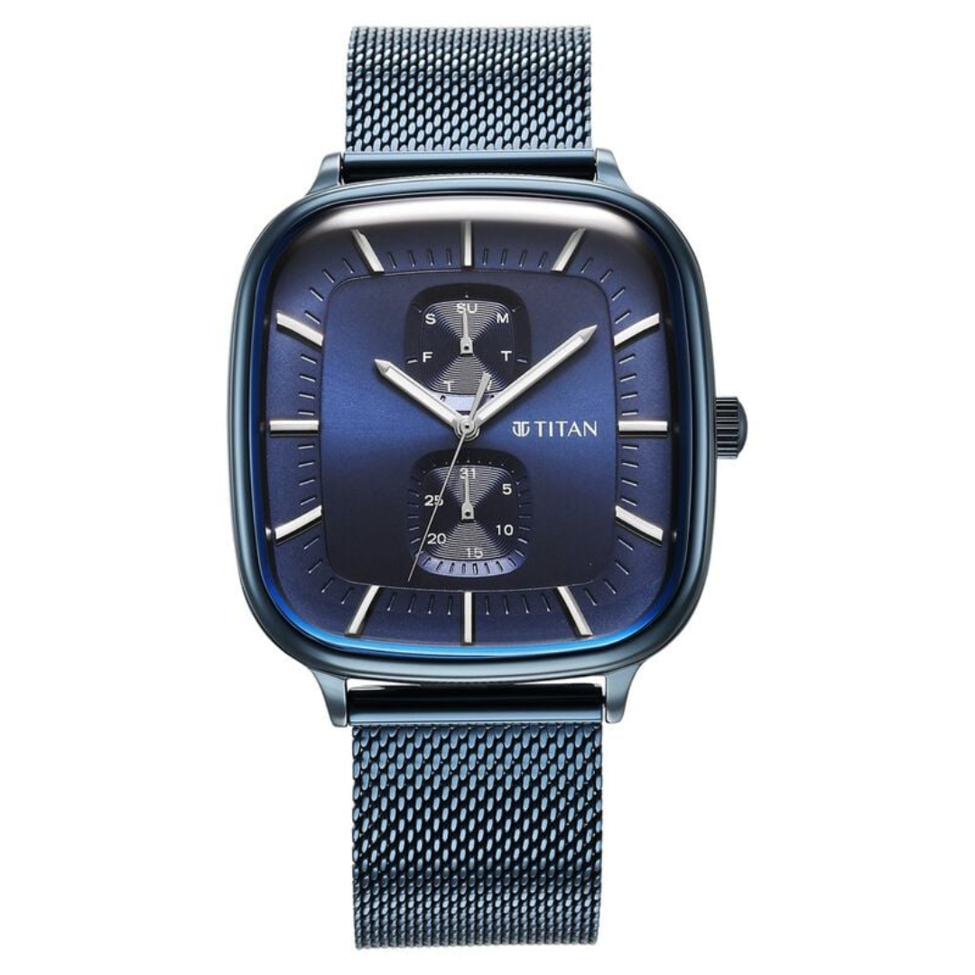 Titan Avant Garde Blue Dial Quartz Multifunction Stainless Steel Strap Watch for Men NT90178QM01