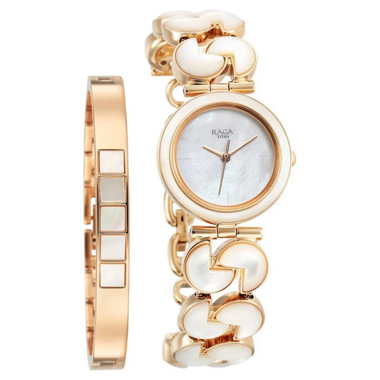 Titan Raga Power Pearls Quartz Analog Mother Of Pearl Dial Metal Strap Watch for Women 95233WM01F