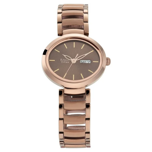 Titan Raga Viva Brown Dial Analog with Day and Date Metal Strap Watch for Women 2620QM01