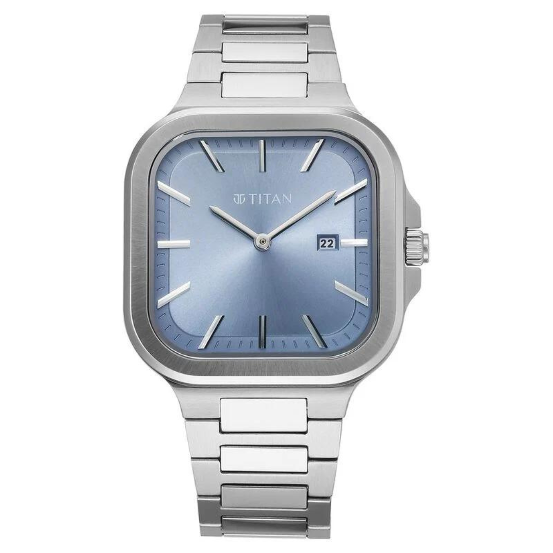 Titan Classique Slim Square Quartz Analog with Date Blue Dial Stainless Steel Strap Watch for Men 90176SM01
