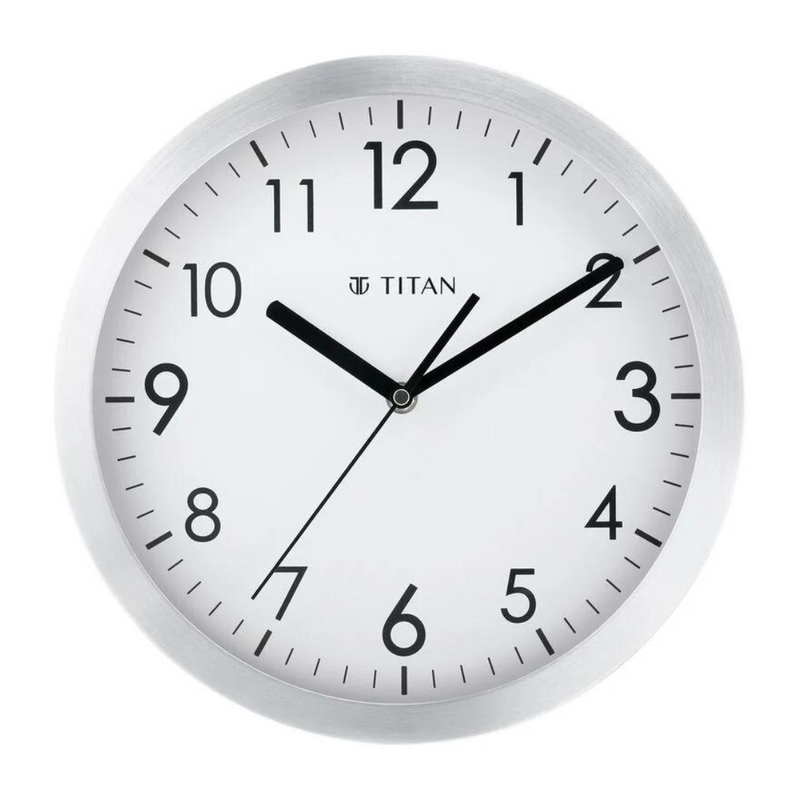Titan Metallic Silver Wall Clock with Brushed Case - 30 cm x 30 cm (Medium) - NCW0006MA01A - KRISHNA WATCH COMPANY