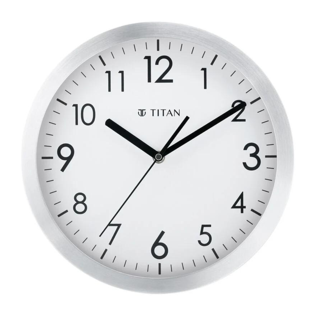 Titan Metallic Silver Wall Clock with Brushed Case - 30 cm x 30 cm (Medium) - NCW0006MA01A - KRISHNA WATCH COMPANY