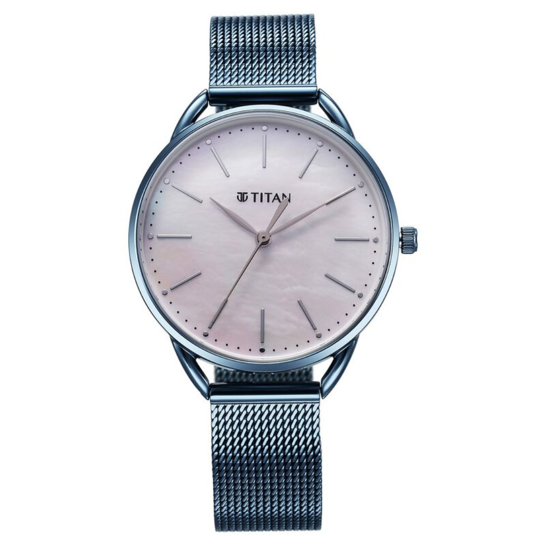 Titan Slimline Quartz Analog Mother Of Pearl Dial Blue Stainless Steel Strap Watch for Women 95180QM01