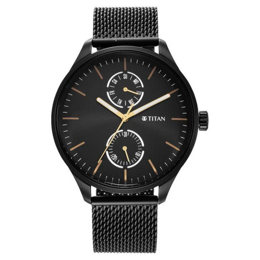 Titan Black and Gold Black Dial Analog with Day and Date Stainless Steel Strap Watch for Men 1833NM01