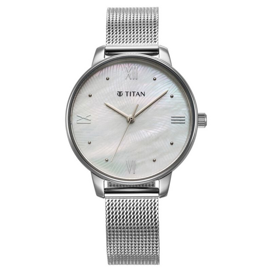 Titan Purple Style Up Quartz Analog Mother Of Pearl Dial Stainless Steel Strap Watch for Women 95238SM01