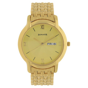 Sonata Champagne Dial Golden Metal Strap Watch - 7954YM02W - KRISHNA WATCH COMPANY