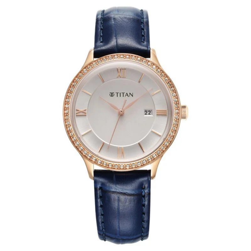 Titan Bright Leathers Quartz Analog with Date Silver Dial Leather Strap for Women 95247WL06