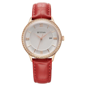 Titan Bright Leathers Silver Dial Analog with Date Red Leather Strap Watch for Women 95247WL01 - KRISHNA WATCH COMPANY
