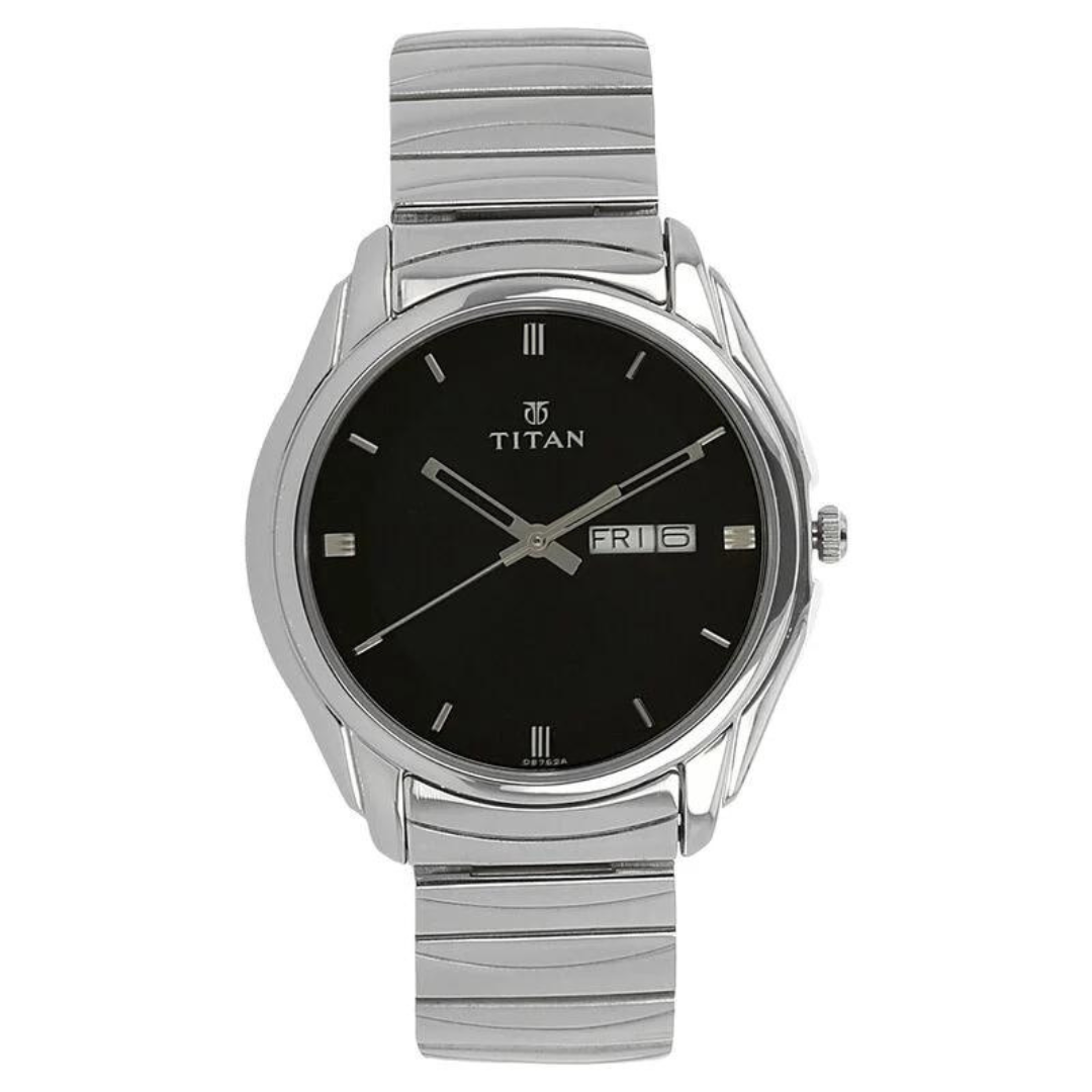 Titan Quartz Analog with Day and Date Black Dial Stainless Steel Strap Watch for Men 1578SM04