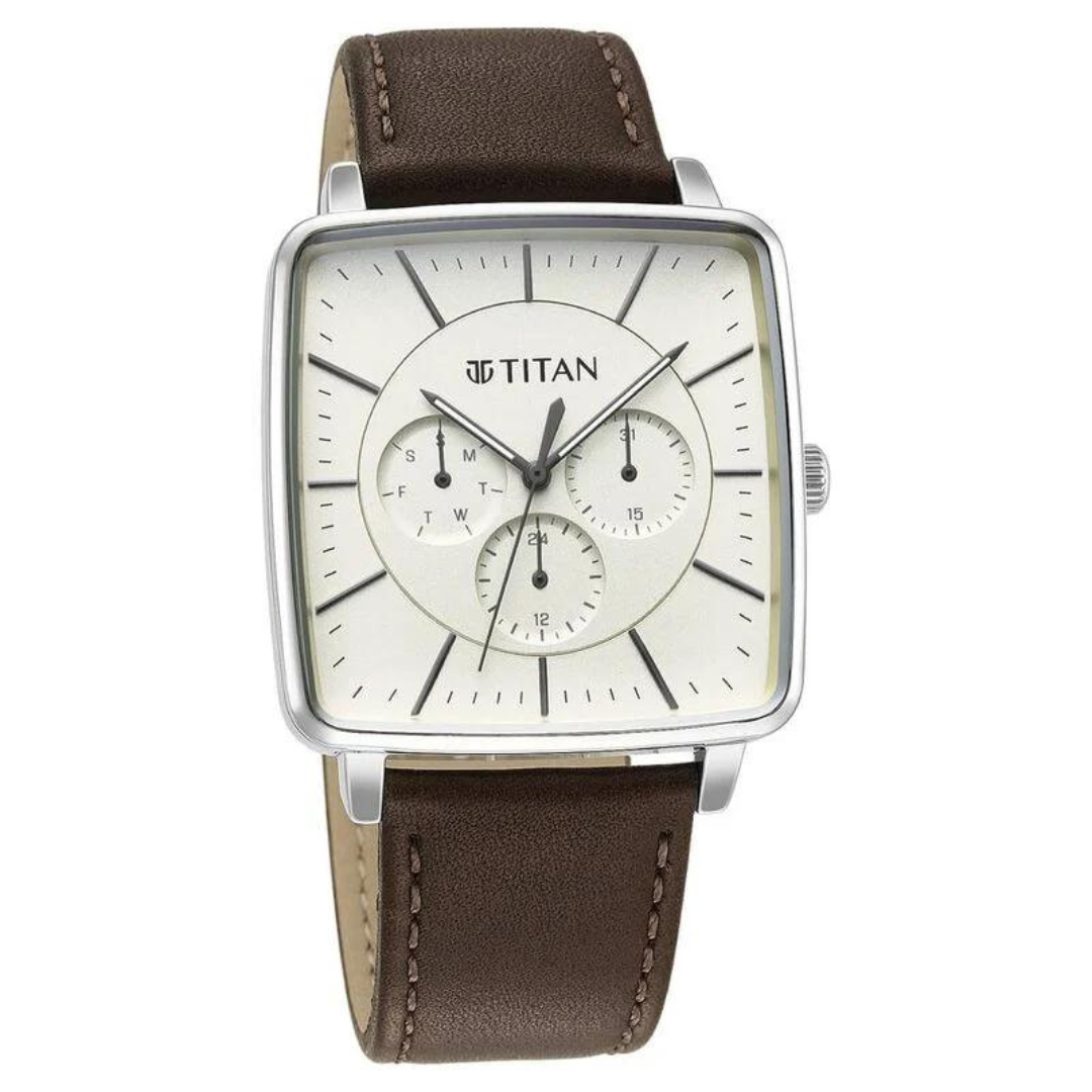 Titan Avant Garde Quartz Multifunction Silver Dial Leather Strap watch for Men 90147SL01