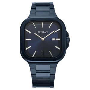 Titan Classique Slim Square Quartz Analog with Date Blue Dial Stainless Steel Strap Watch for Men 90176QM01 - KRISHNA WATCH COMPANY