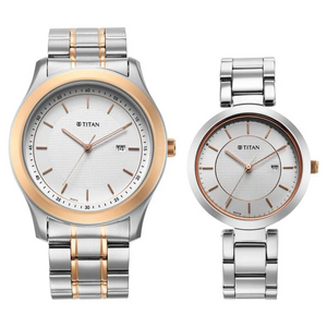 Titan Bandhan White Dial Analog with Date Stainless Steel Strap Watch for Couple 16272480KM01 - KRISHNA WATCH COMPANY