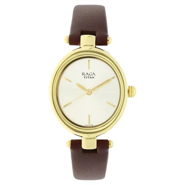 Titan Raga Viva Champagne Dial Analog Leather Strap Watch for Women 2579yl01