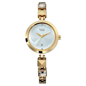 Titan Raga Viva Silver Dial Analog with Date Golden Metal Strap watch for Women - 2606YM01 - KRISHNA WATCH COMPANY