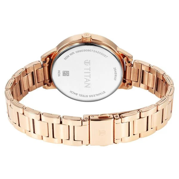 Titan Razzle Dazzle Quartz Analog with Day and Date Pink Dial Rose Gold Stainless Steel Strap Watch For Women 2648wm08