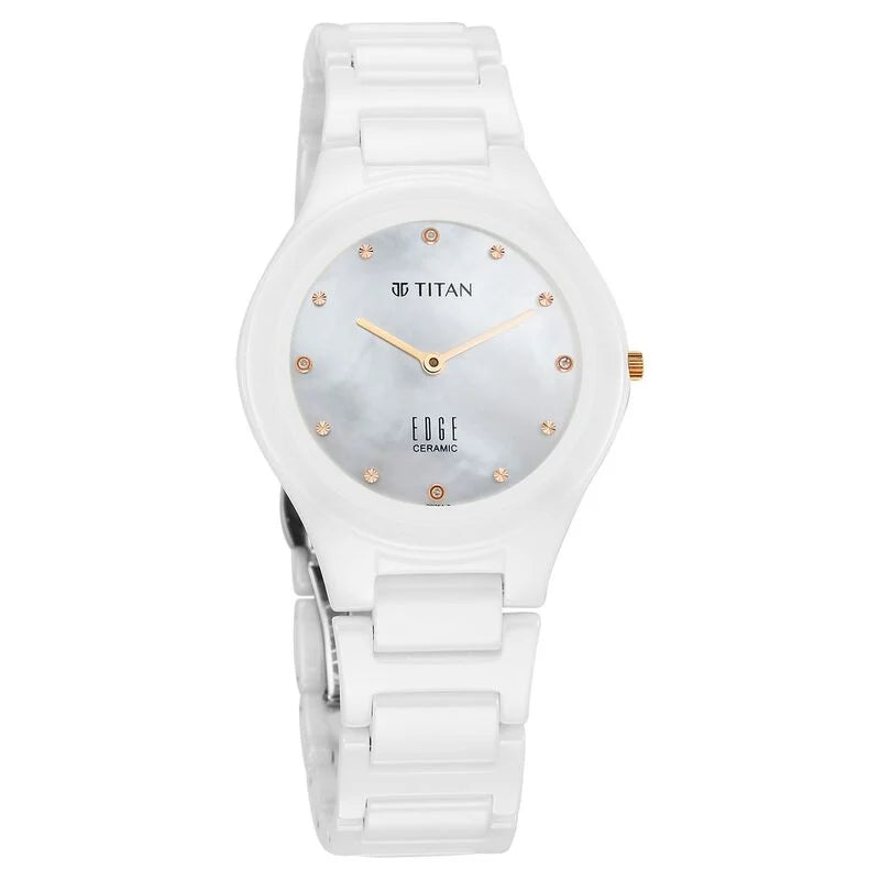 Titan Edge Ceramic Quartz in Arctic White with Diamonds and Rich Mother Of Pearl Dial Watch for Women 2653KC03