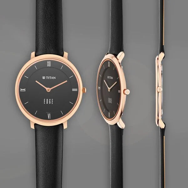 Titan Women Edge Black Dial Black Leather Strap Watch / 2655wl01