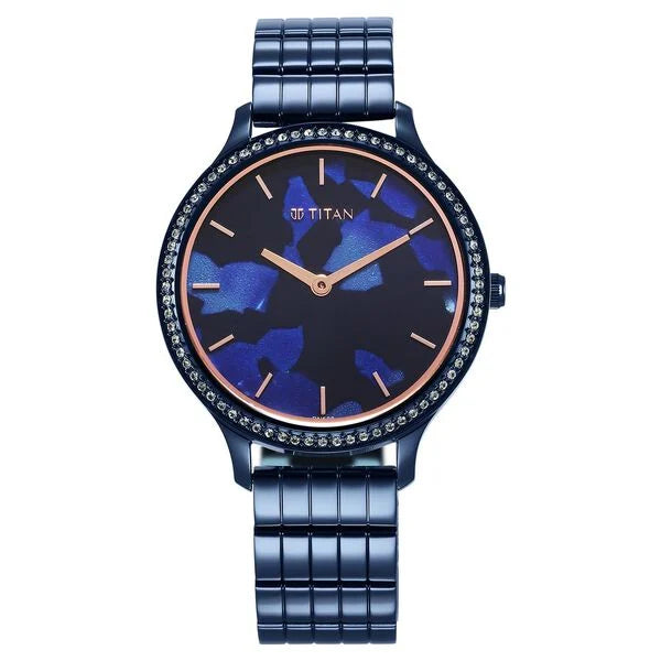 Titan Secluded Quartz Analog Blue Acetate Dial Stainless Steel Strap Watch For Women 2711qm01