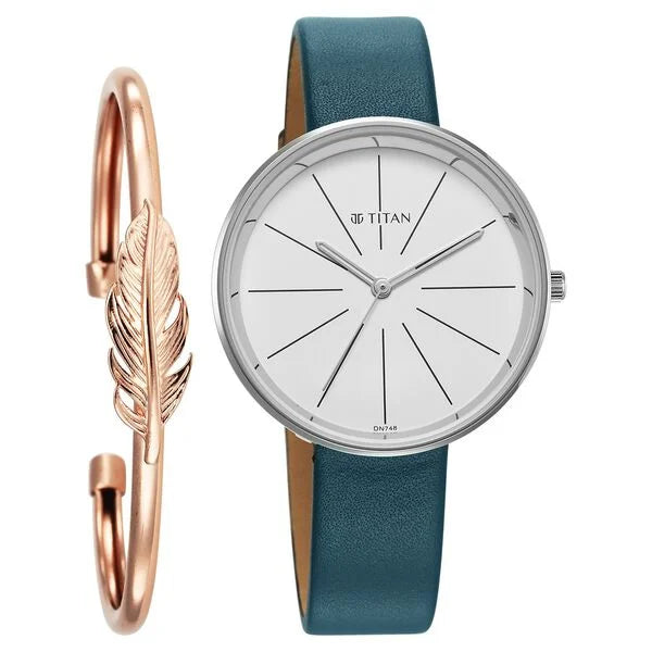 Titan Stackables Quartz Analog White Dial Leather Strap Watch For Women - 2718SL01F