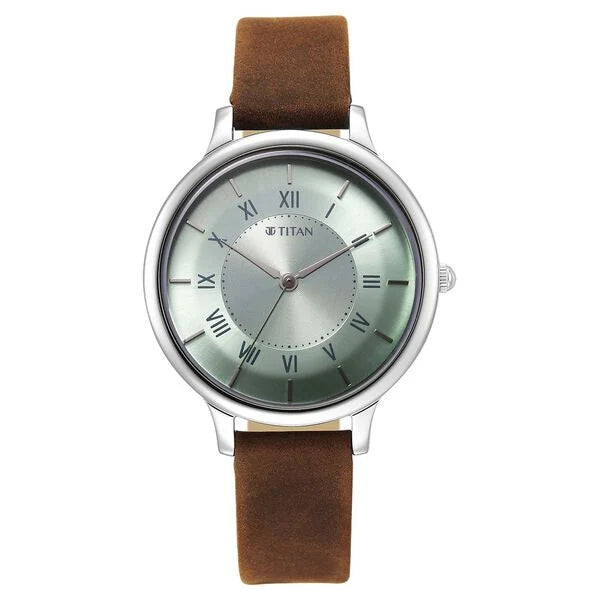 Titan Workwear Quartz Analog Silver Dial Brown Leather Strap Watch For Women 2732sl02 - KRISHNA WATCH COMPANY