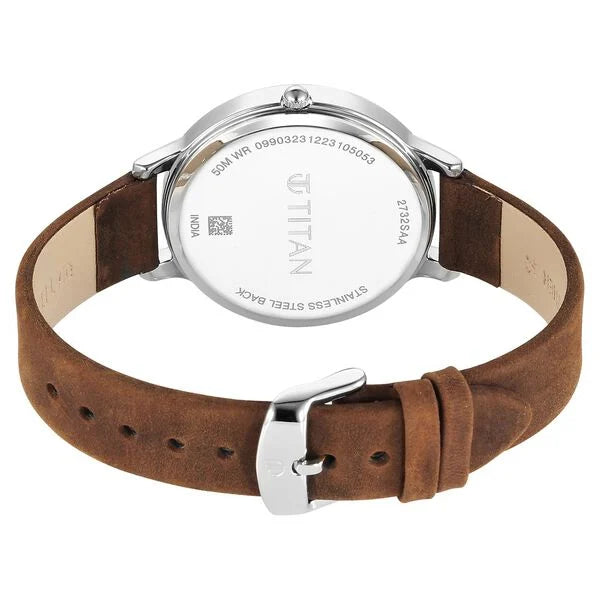 Titan Workwear Quartz Analog Silver Dial Brown Leather Strap Watch For Women 2732sl02