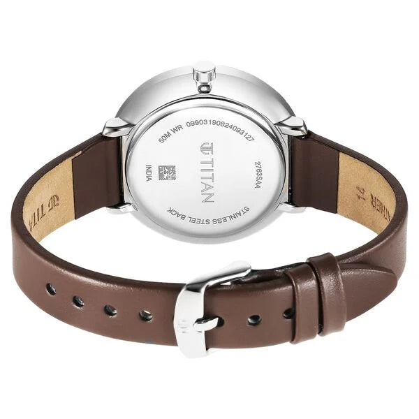 Titan Neo Analog with Day and Date Mother Of Pearl Dial Brown Color Leather Strap Watch For Women 2763sl01